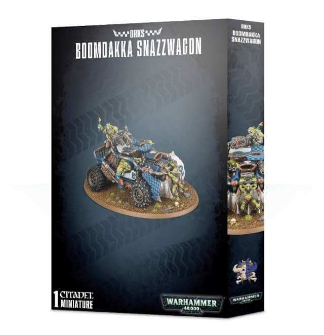 Packaging for 'Boomdakka Snazzwagon', showing a Warhammer 40,000 style miniature vehicle with Ork modifications, including multiple exhausts and a driver figure.