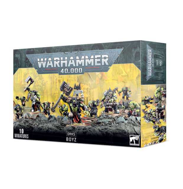 Box packaging for Warhammer 40,000 Ork Boyz miniatures, featuring illustrations of the characters in action poses with weapons.
