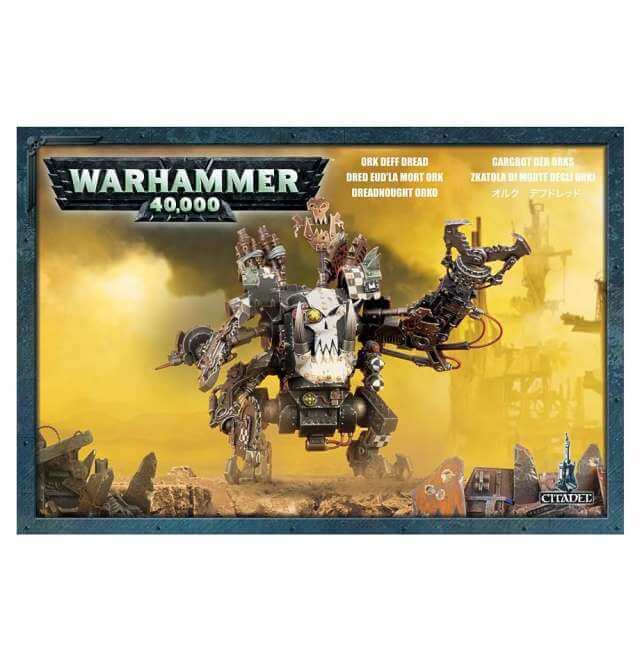 Packaging for Warhammer 40,000 Ork Deff Dread model set, displaying the assembled model on a bestiary style background.