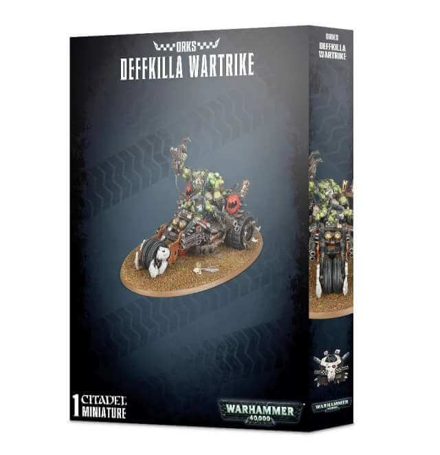 Packaging for the Ork Deffkilla Wartrike Warhammer 40,000 miniature, featuring the assembled and painted model on the box art.