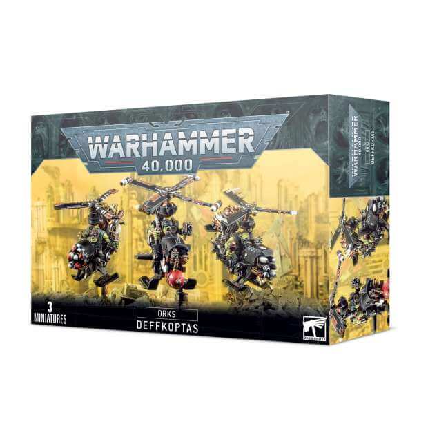 Box packaging for Warhammer 40,000 Ork Deffkoptas miniatures, featuring three unpainted, assembled miniatures on the front.