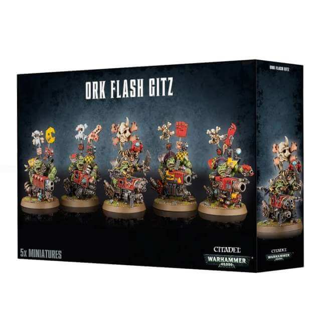 A product packaging for 'Ork Flash Gitz', featuring five toy figures with colorful, elaborate designs, equipped with various accessories and armaments, set against a black background.