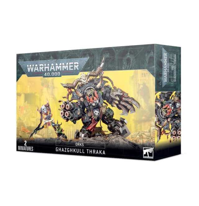 Product packaging for Warhammer 40,000 Ork Ghazghkull Thraka miniature figures, featuring illustrations of the characters and the kit contents.