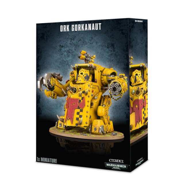 Product packaging for Ork Gorkanaut or Morkanaunt, featuring a multi-part plastic kit of a yellow and red ork warlord on a base, with optional extras for customization.