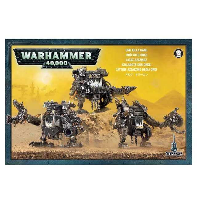 Box set of Warhammer 40,000 Ork Killa Kans featuring three plastic Ork models with various weapons and accessories, mounted on a 60mm round base, displayed against a yellow and space-themed background.
