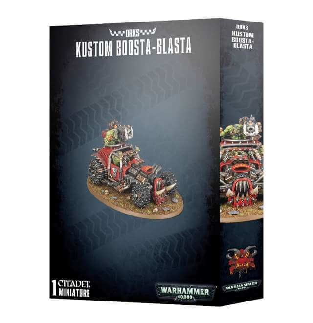 Product packaging for 'Ork Kustom Boosta-blasta', featuring a rugged looking vehicle with ork figures on it, set against a black background with 'Warhammer 40,000' branding.