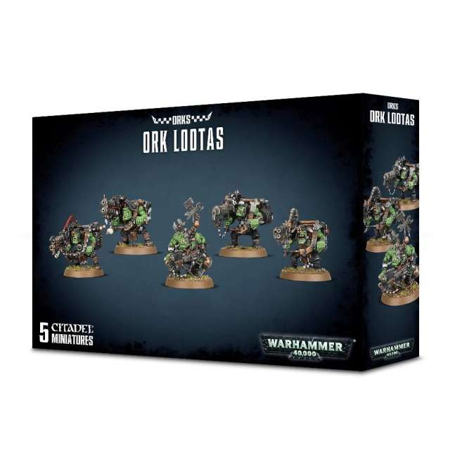 Boxed set of Ork Lootas / Burnas miniature figures from Warhammer 40,000, showing five assembled models on round bases against a dark themed background.