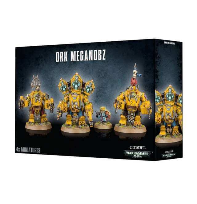 Boxed set of Ork Meganobz miniatures, featuring three figures with yellow and ornate armor, on a black background with the product name 'ORK MEGANOBS' at the top.