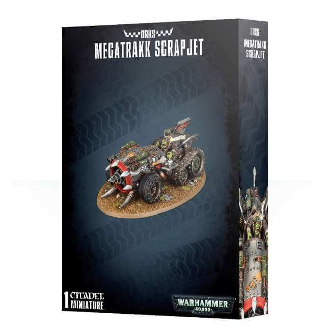 Product packaging for 'Ork Megatrakk Scrapjet', featuring an image of the assembled model vehicle, which is a fantasy-style aircraft with a large jet exhaust and multiple guns.