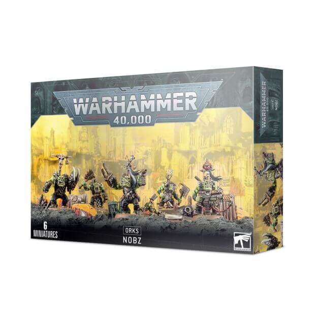 A product image of the Warhammer 40,000 Ork Nobz game set, showing five plastic Ork figures in various poses, with the game's title visible on the packaging.