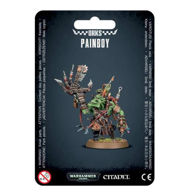 Packaging for the Ork Painboy miniature, featuring the miniature on the front with grot orderly, dok's tools, and an 'urty syringe.