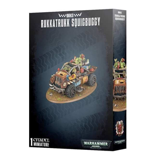 Product packaging for 'Ork Rukkatrukk Squigbuggy' featuring a cartoon-style Ork driving a flatbed vehicle with various Orks and creatures in tow, set against a dark, gridded background.