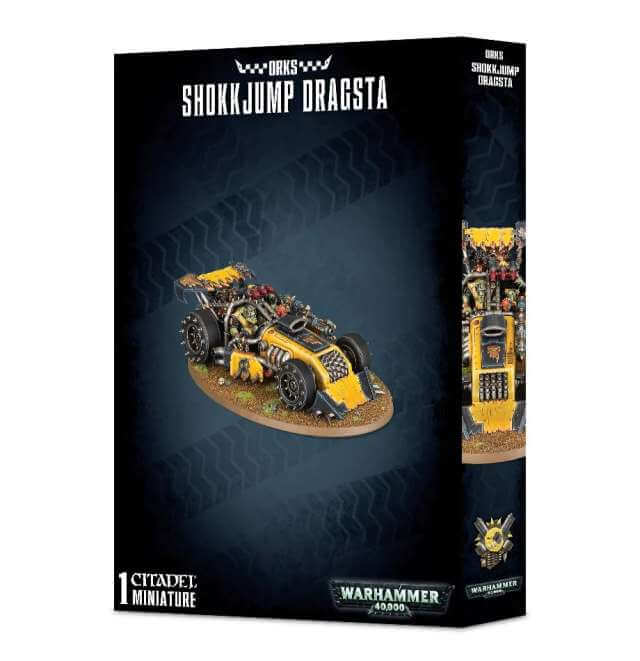 Product packaging for 'Ork Shokkjump Dragsta', featuring an image of the toy vehicle on a black background with the Warhammer 40,000 logo.