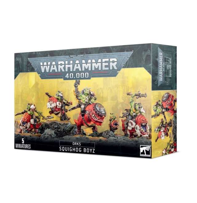 Packaging for Warhammer 40,000 Ork Squighog Boyz miniatures, featuring illustrations of the characters on a yellow background.
