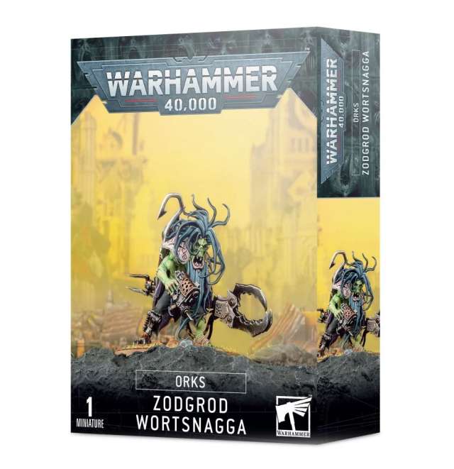 Product packaging for Warhammer 40,000 Ork Zodgrod Wortsnagga miniature, featuring the painted miniature on display with a yellow and green backdrop.
