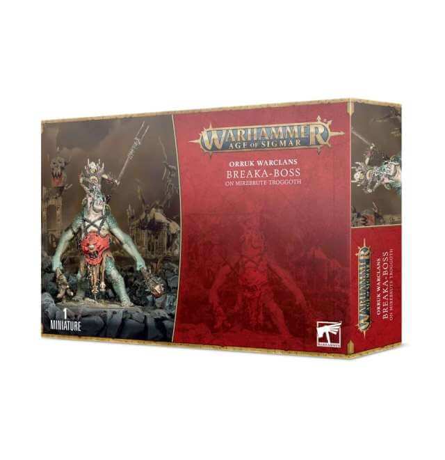 Product packaging for 'Warhammer: Age of Sigmar' game featuring an illustration of a warboss on a creature, with the name 'Orruk Warclans Breaka-boss' prominently displayed.