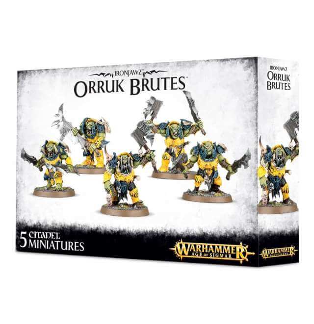 Packaging for Orruk Warclans Brutes miniatures, displaying five assembled models with metal or bone jaws, two choppas, and a Brute Boss model.