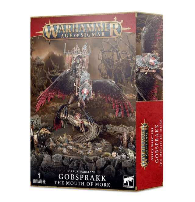 Packaging for Warhammer Age of Sigmar miniature kit featuring a fantasy creature, Gobsprakk, The Mouth of Mork, with wings and cosmic backdrop.