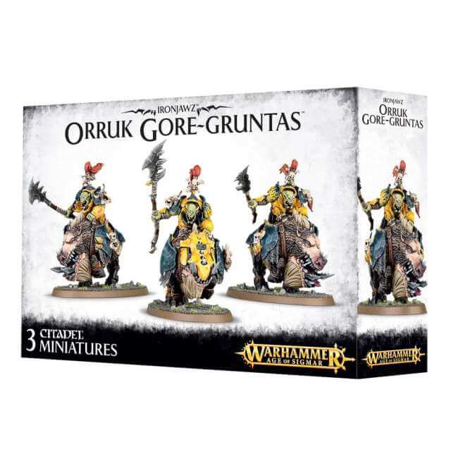 Packaging for Orruk Warclans Gore-gruntas miniature figures showing three assembled orruk warriors mounted on bestial creatures, with pig-iron choppas and gore-hackas.