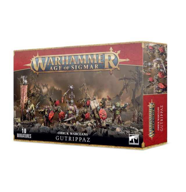 Packaging for Warhammer Age of Sigmar game featuring miniatures from the Orruk Warclans Gutrippaz. The box displays the miniatures in combat poses, with the Warhammer logo and the name of the product.