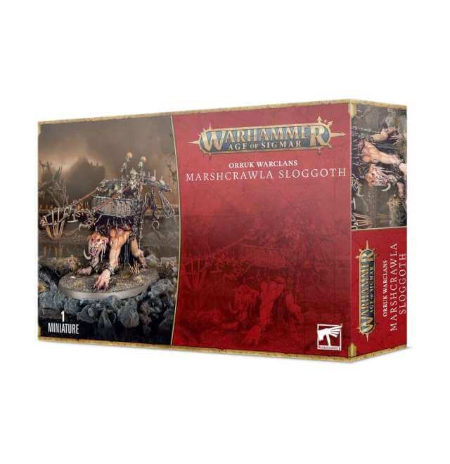 Product packaging for 'Warhammer Age of Sigmar: Orruk Warclans Marshcrawla Sloggoth', featuring a illustrated scene with fantasy creatures.