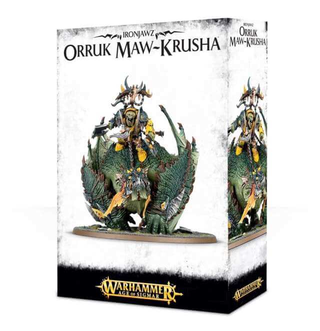 Packaged product depicting a fantasy figure Orruk Warclans Megaboss on Maw-krusha in its box, featuring multiple components.