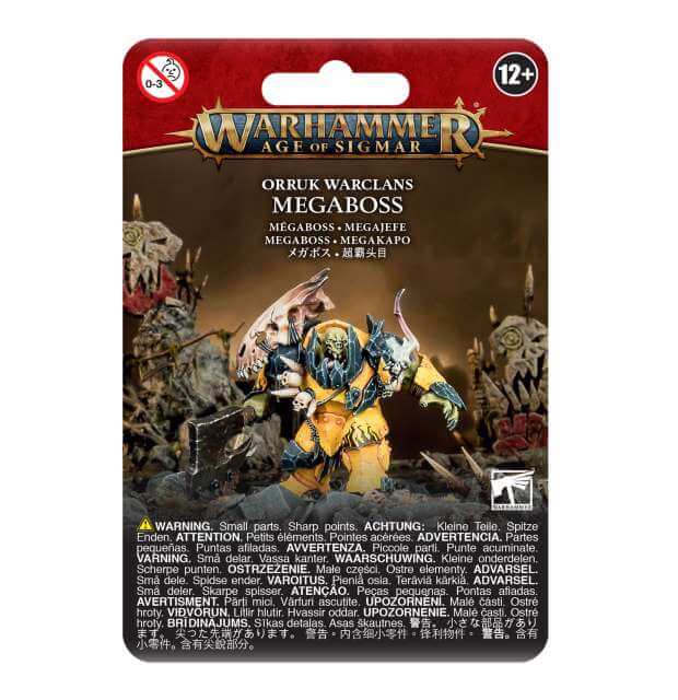 Packaging for 'Orruk Warclans Megaboss' featuring a illustrated orruk character with iron armour and a weapon, surrounded by decorative elements and text against a red background.