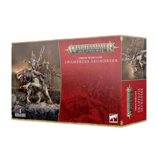 Product packaging for 'Orruk Warclans Swampboss Skumdrekk / Snatchaboss on Sludgeraker Beast' featuring a miniature figure mounted on a bestiary, with the game's logo and name displayed prominently.