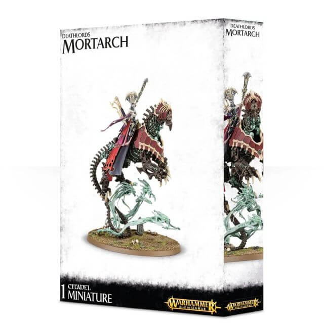 Product packaging for 'Ossiarch Bonereapers Arkhan the Black, Mortarch of Sacrament' miniature, featuring the assembled and painted model on a display stand inside a clear plastic box.