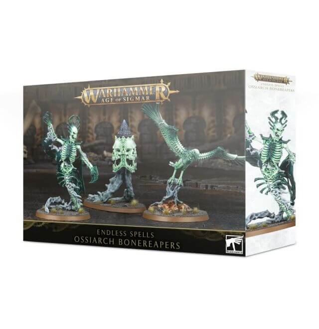 Product packaging for 'Ossiarch Bonereapers Endless Spells' featuring three painted miniature figures representing the Bone-tithe Shrieker, Soulstealer Carrion, and Nightmare Predator on a black background with a depiction of a fantasy battle scene.
