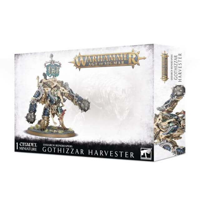 Product packaging for 'Ossiarch Bonereapers Gothizzar Harvester' featuring a illustrated monster on a box, with the Warhammer Age of Sigmar game branding.