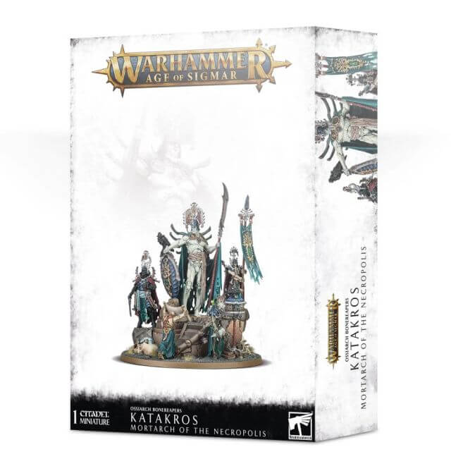 Packaging for 'Warhammer: Age of Sigmar - Katakros, Mortarch of the Necropolis' featuring a plastic model kit with multiple figures on a 120mm base.