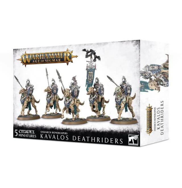 A product packaging for 'Warhammer: Ossiarch Bonereapers Kavalos Deathriders' featuring five detailed miniature figures mounted on horses, with a box displaying the figures and the game's branding.