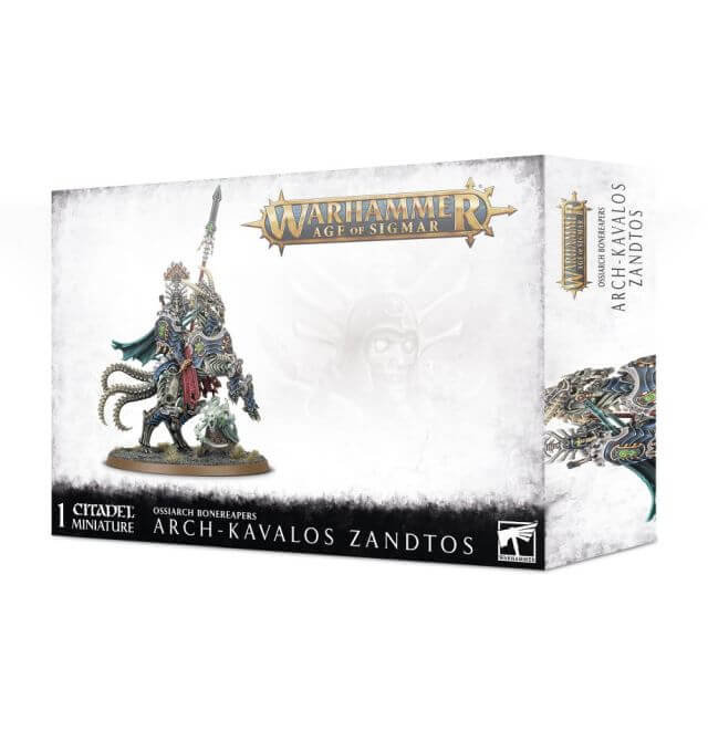 Packaging for Warhammer Age of Sigmar's Ossiarch Bonereapers Arch-Kavalos Zandtos, featuring a sculpted miniature on a horse.