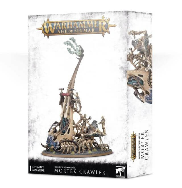 Packaging for the Warhammer Age of Sigmar game featuring the Ossiarch Bonereapers Mortek Crawler, showing the assembled model on a base within a clear plastic box.