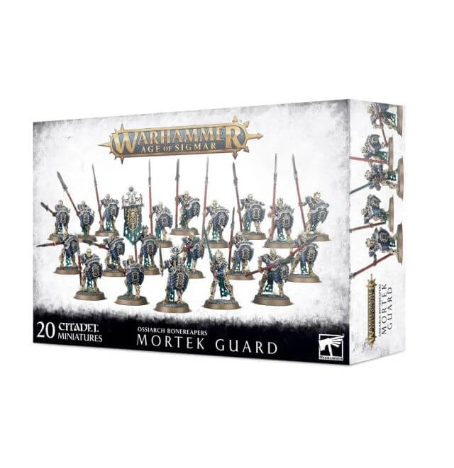 Product packaging for 'Ossiarch Bonereapers Mortek Guard' featuring 20 Citadel miniatures, with the unit's description and equipped weapons visible.