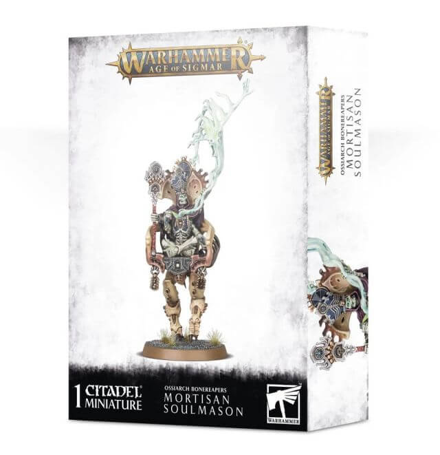Packaging for Warhammer Age of Sigmar's Ossiarch Bonereapers Mortisan Soulmason miniature, featuring the assembled and painted model on a 40mm round base, with the product name and line information visible.