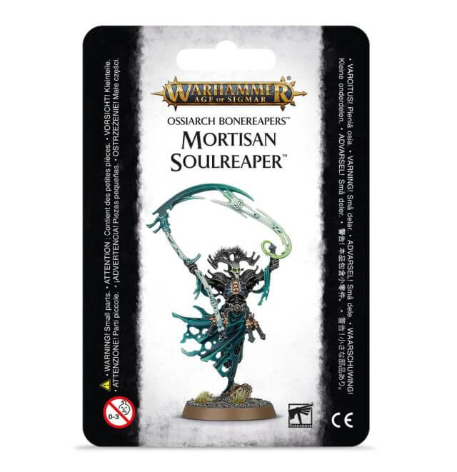 Package for the Ossiarch Bonereapers Mortisan Soulreaper showing the models within. 