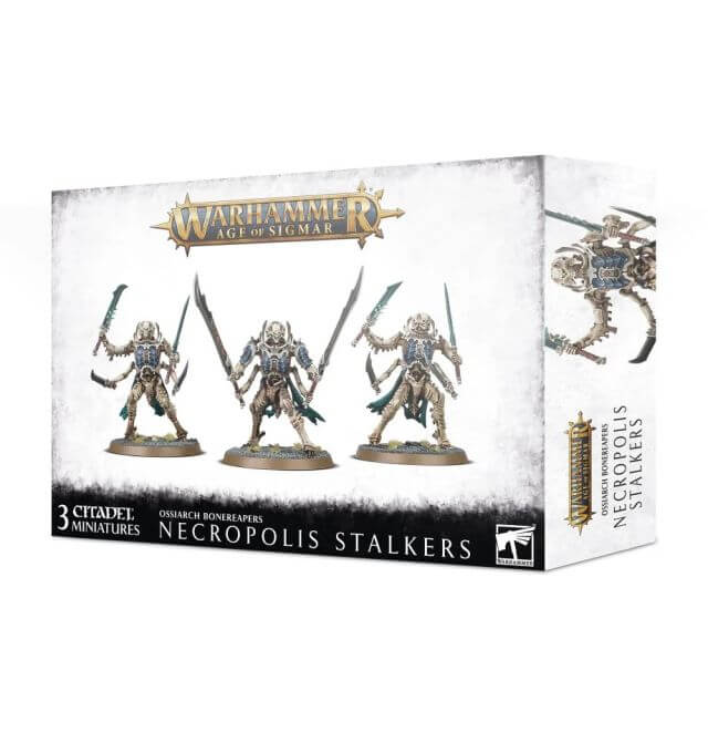 Product packaging for Warhammer Age of Sigmar's Necropolis Stalkers, featuring images of the miniatures on the front.