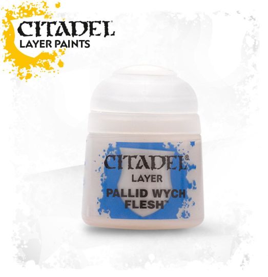A pot of Citadel Layer Paints labeled 'Pallid Wych Flesh' intended for painting miniatures.