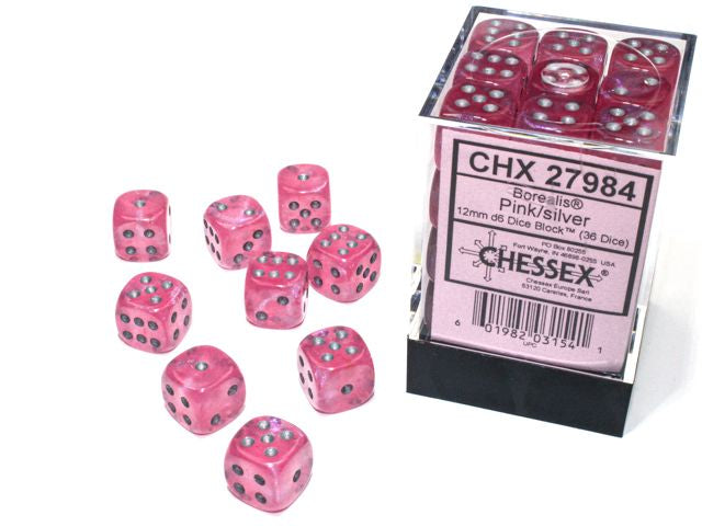 A close up of the Chessex Borealis Pink with Silver 12mm d6 dice set and its packaging.
