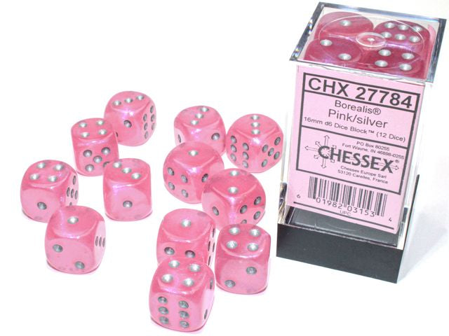 A close up of the Chessex Borealis Pink with Silver 16mm d6 dice set and its packaging.