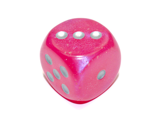 An example of the Chessex Borealis Luminary Pink with gold 30mm d6