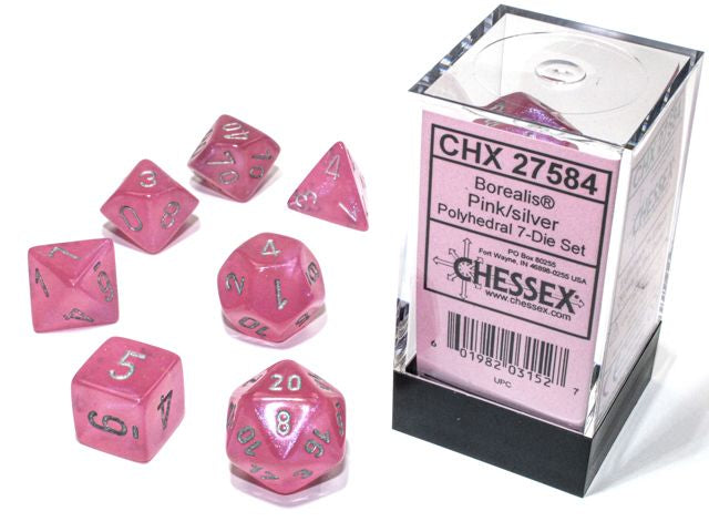 A close up of the Chessex Borealis Pink with Silver polyhedral dice set and its packaging.