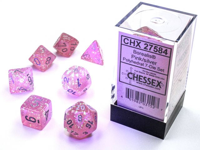 A close up of the Chessex Borealis Pink with Silver polyhedral dice set and its packaging.