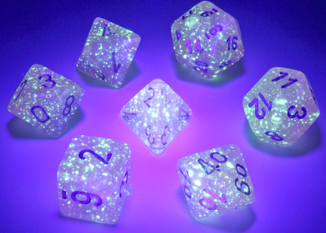 A close up of the Chessex Borealis Pink with Silver polyhedral dice set under blacklight,