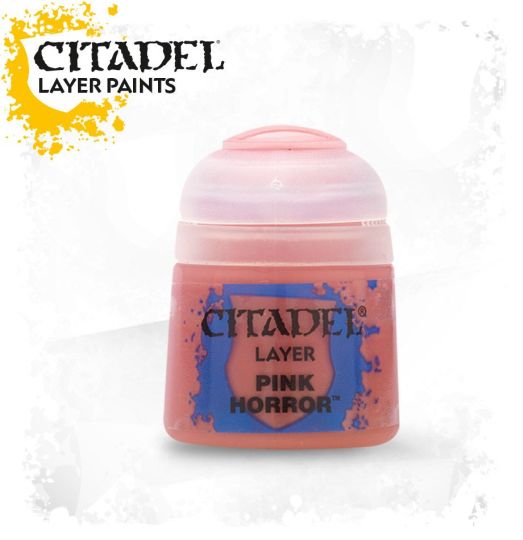 A pot of Citadel Layer acrylic paint in the color 'Pink Horror'.