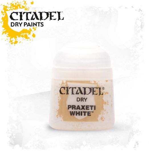 A pot of Citadel dry paint labeled 'Praxeti White'. The paint is intended for drybrushing techniques in model painting.