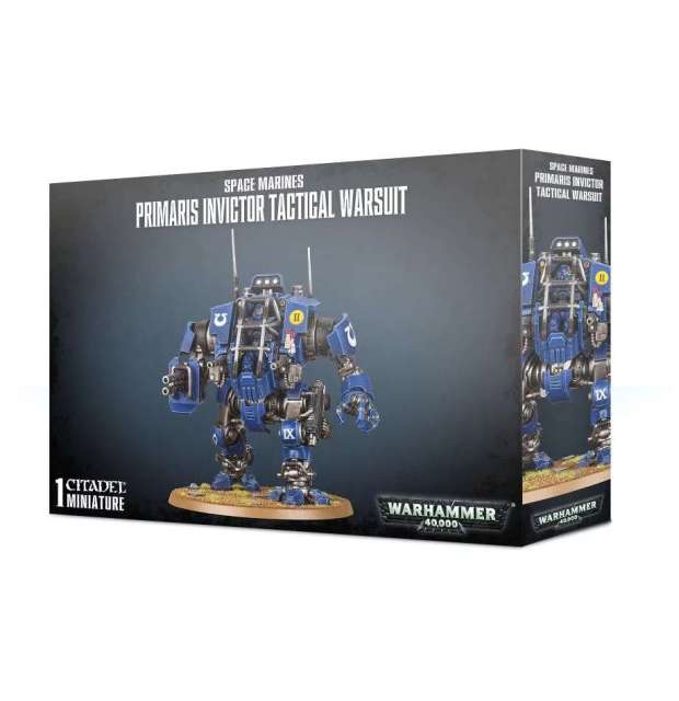 Product packaging for 'Space Marines Primaris Invictor Tactical Warsuit' featuring a detailed plastic model of the warsuit, displayed on a base, with a dark background.