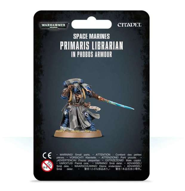 Packaging for Space Marines Primaris Librarian in Phobos Armour miniature, featuring the assembled and painted model on a black card with product information.